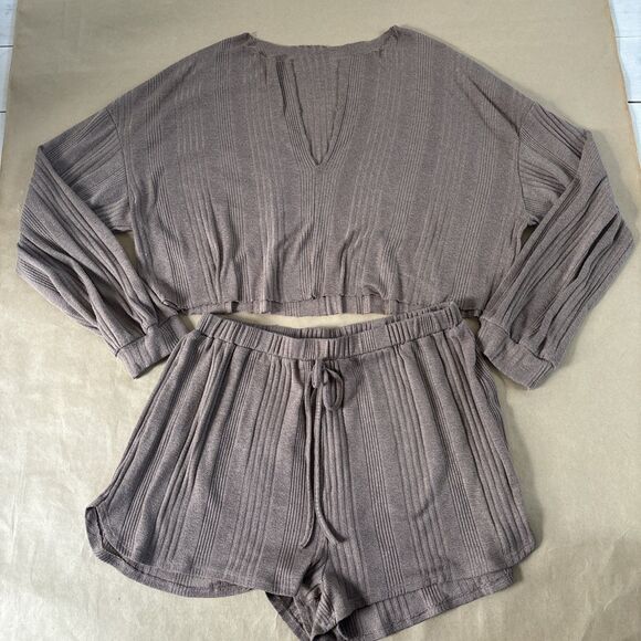 Shein Curve 2X Brown Mushroom Colored Pj Shorts Set Cozy Pajamas - Picture 1 of 5